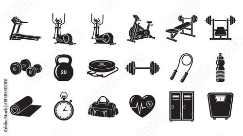 Comprehensive collection of gym and fitness equipment icons