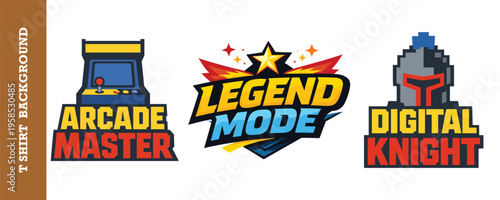 Colorful retro gaming t shirt design with vibrant arcade master game console and legendary mode star emblem plus pixelated digital knight character