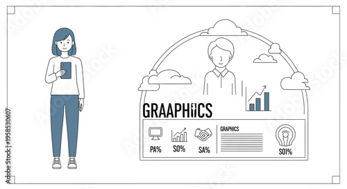 A woman holds a tablet while standing next to a futuristic graphic illustration of a man and various charts under a cloudy sky.