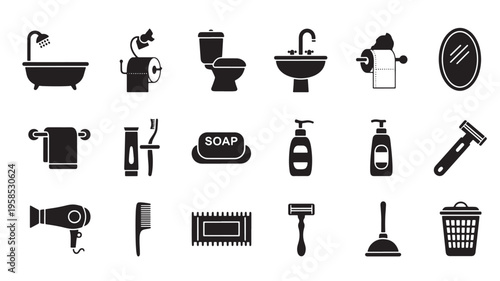 Essential bathroom items and fixtures illustrated in black and white icons