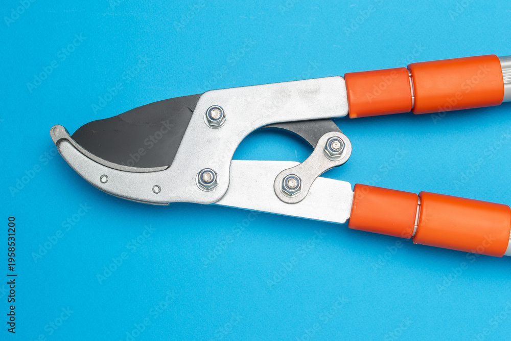 Fototapeta premium Close-Up of Orange Handled Pruning Shears on Bright Blue Background