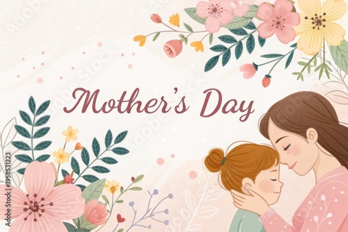 Heartwarming Mother's Day Illustration with Flowers and Emotive Mother-Daughter Connection