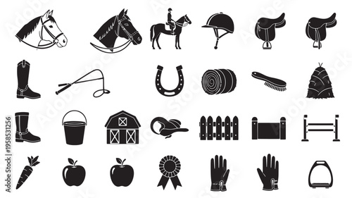 Collection of black and white icons featuring farming tools, garden equipment, and agriculture symbols on plain background.