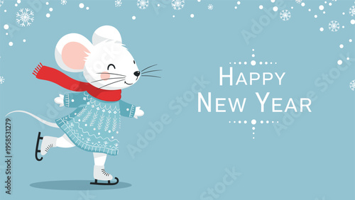 Cheerful little white mouse ice skating on a light blue background featuring snowflakes and happy new year text.