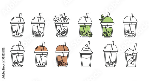 Bubble Tea Line Icons Set, Boba Drink Outline Vector Collection with Cups and Flavors