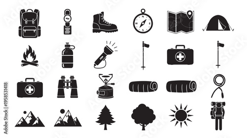 Essential items and symbols for outdoor hiking and camping adventures