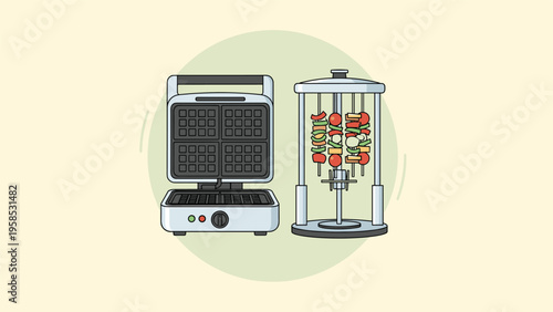 Modern kitchen appliances including a square waffle maker and a vertical kebab rotisserie machine on a circular green base.