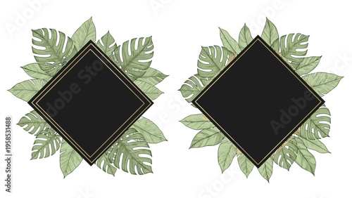 Pair of elegant black diamond frames embellished with lush green monstera and palm leaves for sophisticated designs.