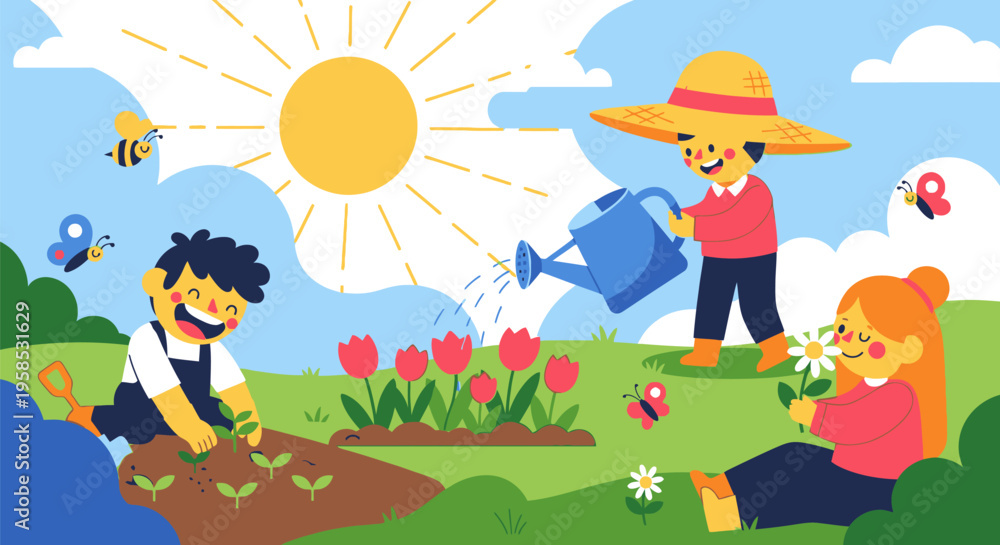 Obraz premium Children are planting flowers in a sunny garden with bees flying around.
