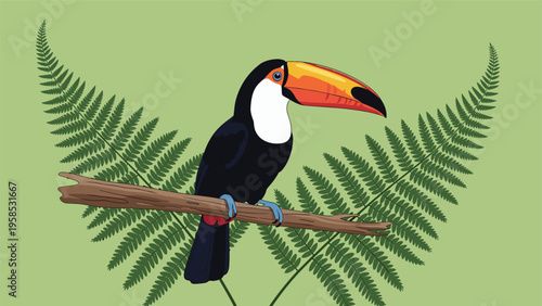 Beautiful toucan bird perched on a wooden branch surrounded by large green fern leaves against a soft green background.