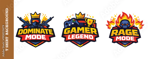 Colorful vibrant gaming logos with dominate mode gamer legend and rage mode themes isolated on transparent background perfect for esports teams and gaming merchandise designs