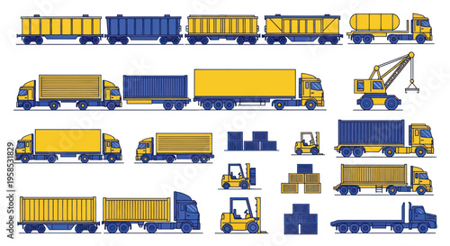 Industrial Logistics: Cargo Trucks, Trains, Crane, and Forklifts Vector Set