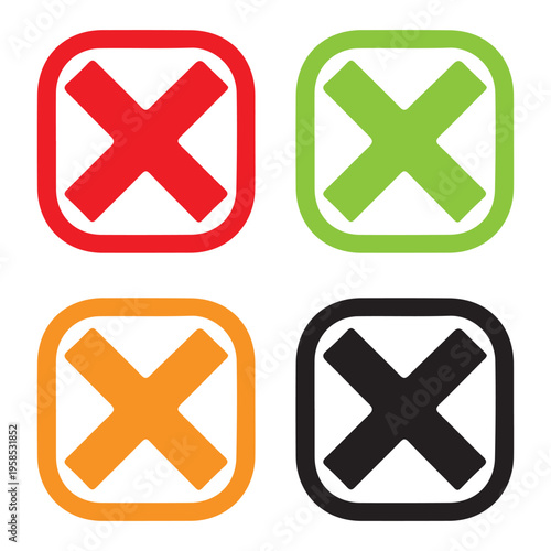 Four Checkmark Icons: Red Green Orange and Black X Symbols in Boxes Isolated on White Background