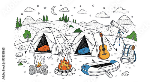 Camping Adventure: Tents, Campfire, Guitar, Telescope, and Backpack Illustration