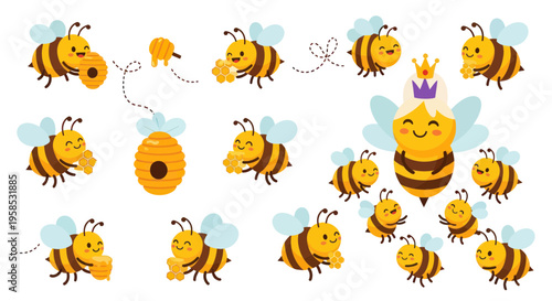 Cute Cartoon Bees and Queen Bee with Honeycomb and Hive