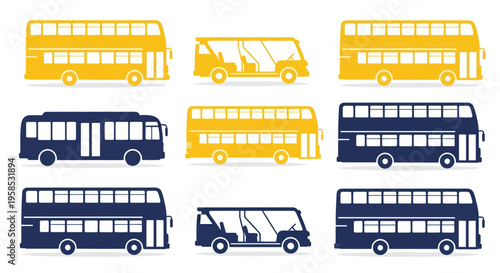 Collection of Double Decker Buses and Minibuses, Yellow and Blue, Flat Design