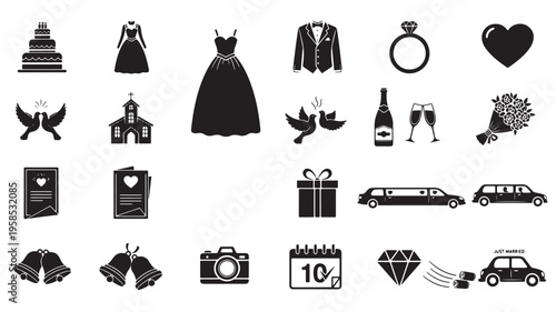 Collection of wedding and marriage-themed icons in black and white silhouette style