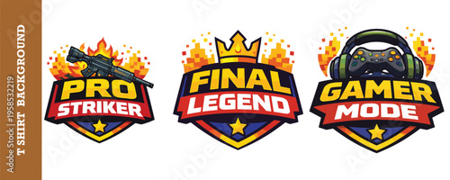 Colorful vibrant gaming logos with retro pixel explosion effects for esports and video game enthusiasts