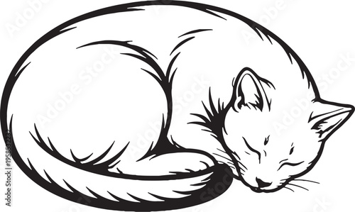 Tablou pe pânză Egyptian Mau Cat Sleeping Curled Line Art Illustration Black White Feline Restin