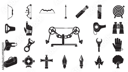 Collection of vintage tools, weapons, and hunting accessories in black and white icons