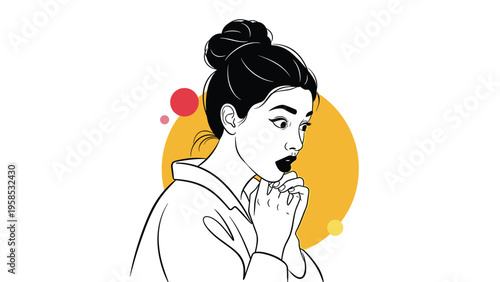 Stylish black and white line art illustration of a young woman with a hair bun expressing surprise against a yellow circular background.