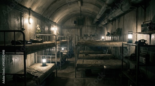 Gritty underground concrete bunker features multiple bunk beds ventilation ducts and survival equipment lit by lamps