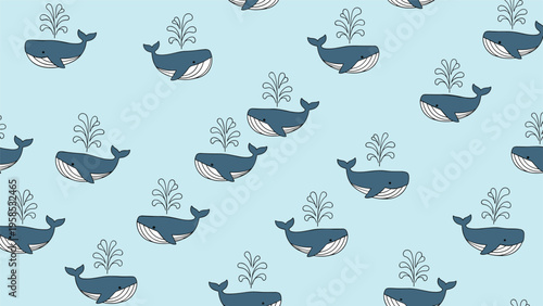 Playful seamless pattern featuring dark blue whales swimming and spouting water against a light blue oceanic background.