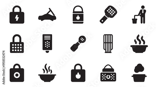 Collection of icons depicting security, cleaning, cooking, and utility tools