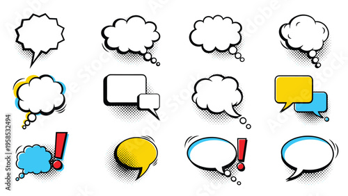 Vibrant collection of comic book speech bubbles and bursts in blue, yellow, and red featuring halftone shadows and exclamation points.