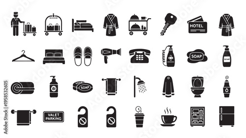 Collection of icons representing hotel amenities and services