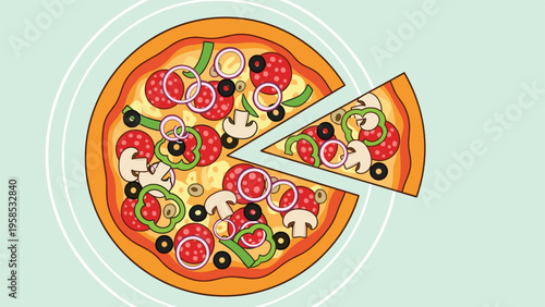 Delicious looking whole pizza topped with pepperoni, mushrooms, peppers, onions, and olives with one slice separated on a green background.