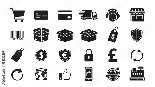 Icons representing various aspects of e-commerce and online transactions