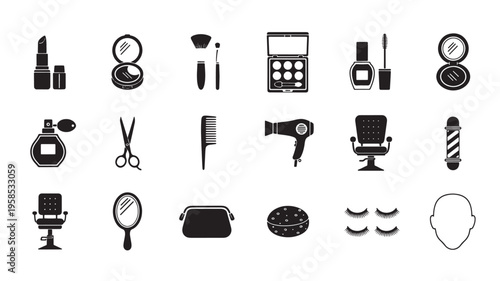 Collection of beauty and barber tools in minimalist black and white icons