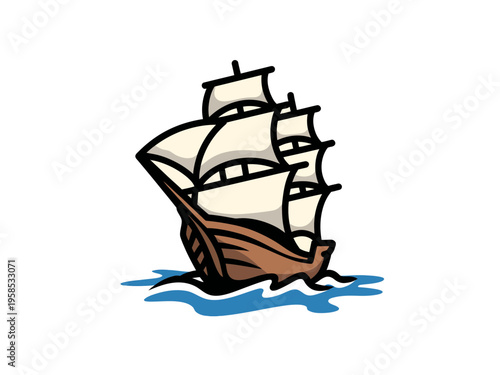 A vintage sailing ship icon with white sails and brown hull on blue waves, set against a clean white background.