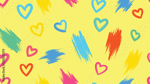Vibrant and playful seamless pattern of colorful hand drawn hearts and expressive brush strokes over a bright yellow background.