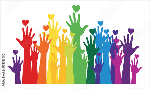 Colorful hands reaching upwards with hearts symbolizing unity and positivity