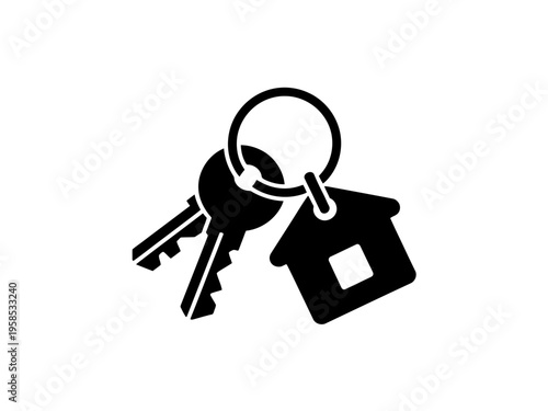 A minimalist vector graphic of a house key with a house-shaped keychain on a white background