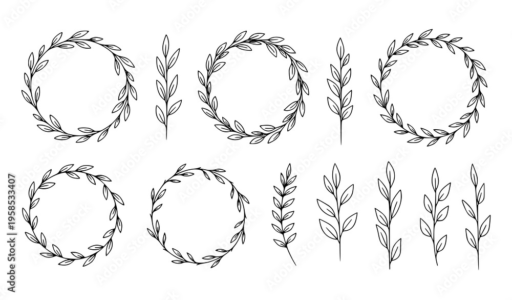 Obraz premium Hand Drawn Floral Wreath Vector Set with Leaves and Branches on White Background