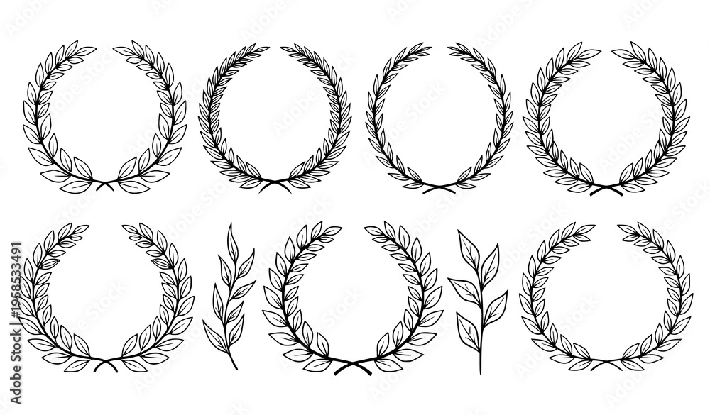 Obraz premium Hand Drawn Laurel Wreath Vector Set with Botanical Branches Black Line Illustration