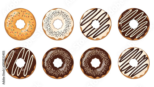 Set of eight deliciously decorated donuts with various frostings and colorful toppings shown in a clean graphic illustration on white.