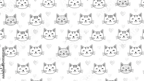 Adorable seamless pattern of cute cat faces with different expressions and tiny hearts in black and white for a charming background.