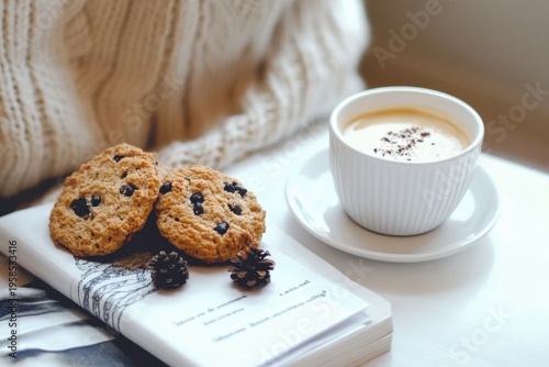 Cozy winter scene with cookies and coffee on a book for relaxation and comfort