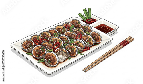 Korean cockle soy sauce seasoning seafood plate with chopsticks realistic vector illustration isolated on white background