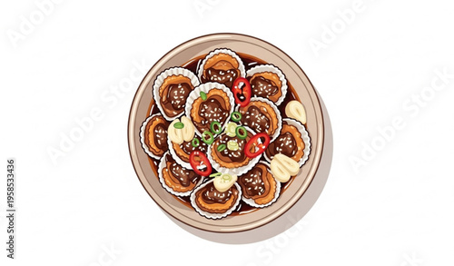 Korean soy sauce marinated cockles in bowl with chili garlic and sesame flat vector illustration isolated on white background