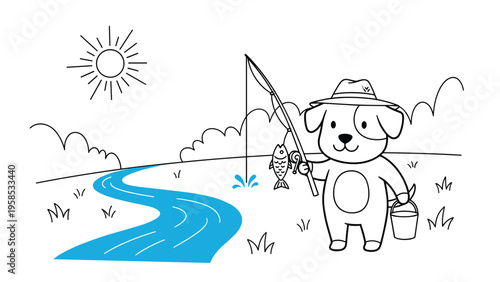 Black and white coloring book page illustration of a happy dog fishing by a blue river under a bright sun in a peaceful meadow.