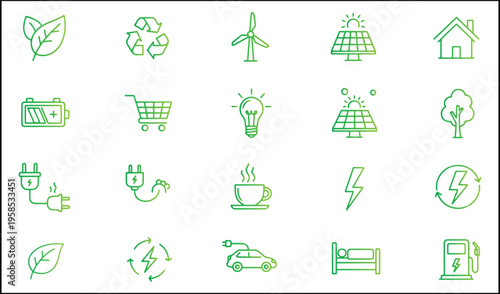 Icons representing various aspects of sustainable and eco-friendly living and energy