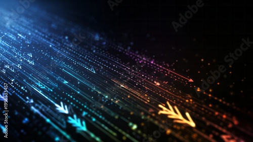 Digital streams of colorful light particles flow diagonally across a dark background creating an abstract sense of movement and data transfer