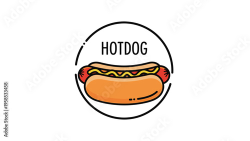 Circular graphic icon featuring a classic hotdog with mustard inside a bun with the word hotdog written above for food service design.