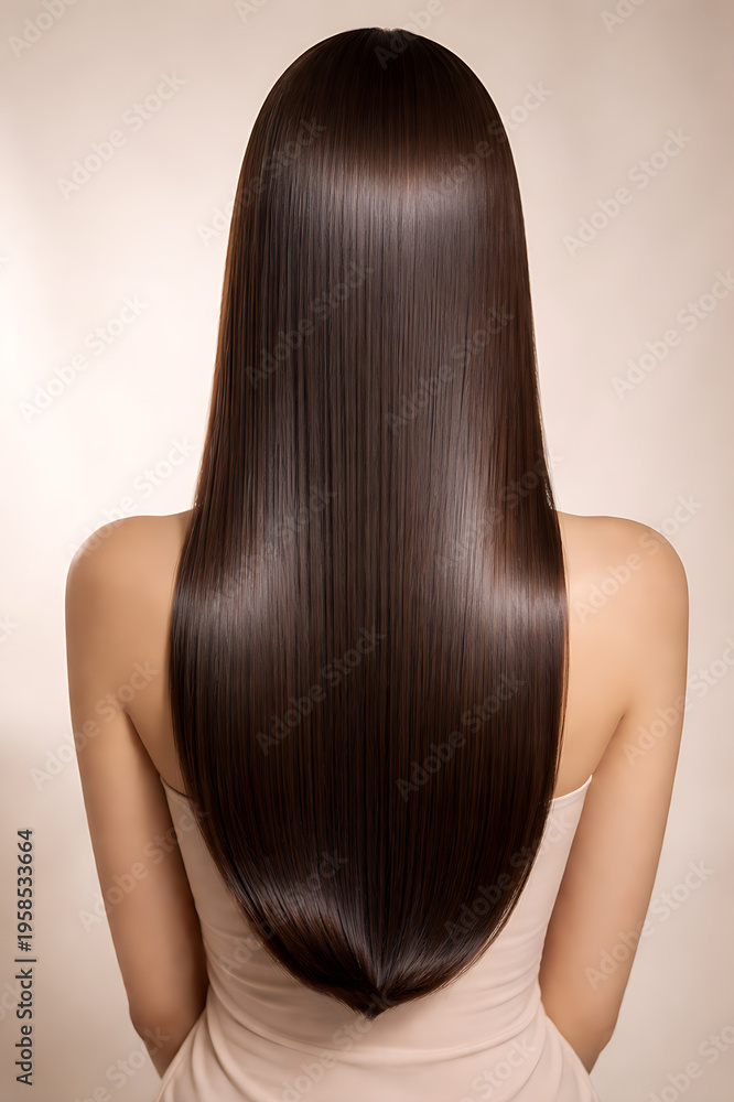 Naklejka premium Beautiful woman showcasing elegant back view of U haicut/ V haircut on straight silky smooth coloured hair with glossy shine
