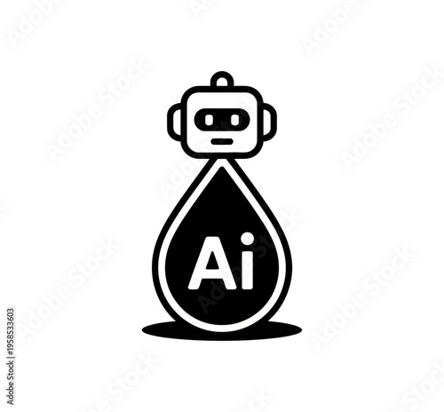 A minimalist vector graphic of a robot icon with an Ai logo in a teardrop shape